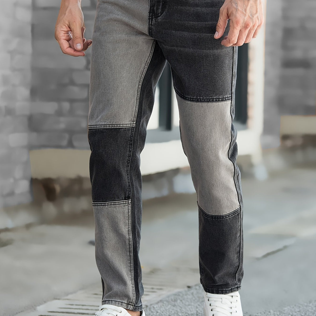 Men's Block Patchwork Pattern Jeans With Pockets
