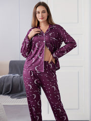 Moon Print Pajama Set Long Sleeve Top & Pants Women's Sleepwear