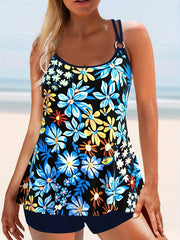  Floral Print Tankini Set Women's Round Neck Cami Top & Shorts Swimsuit