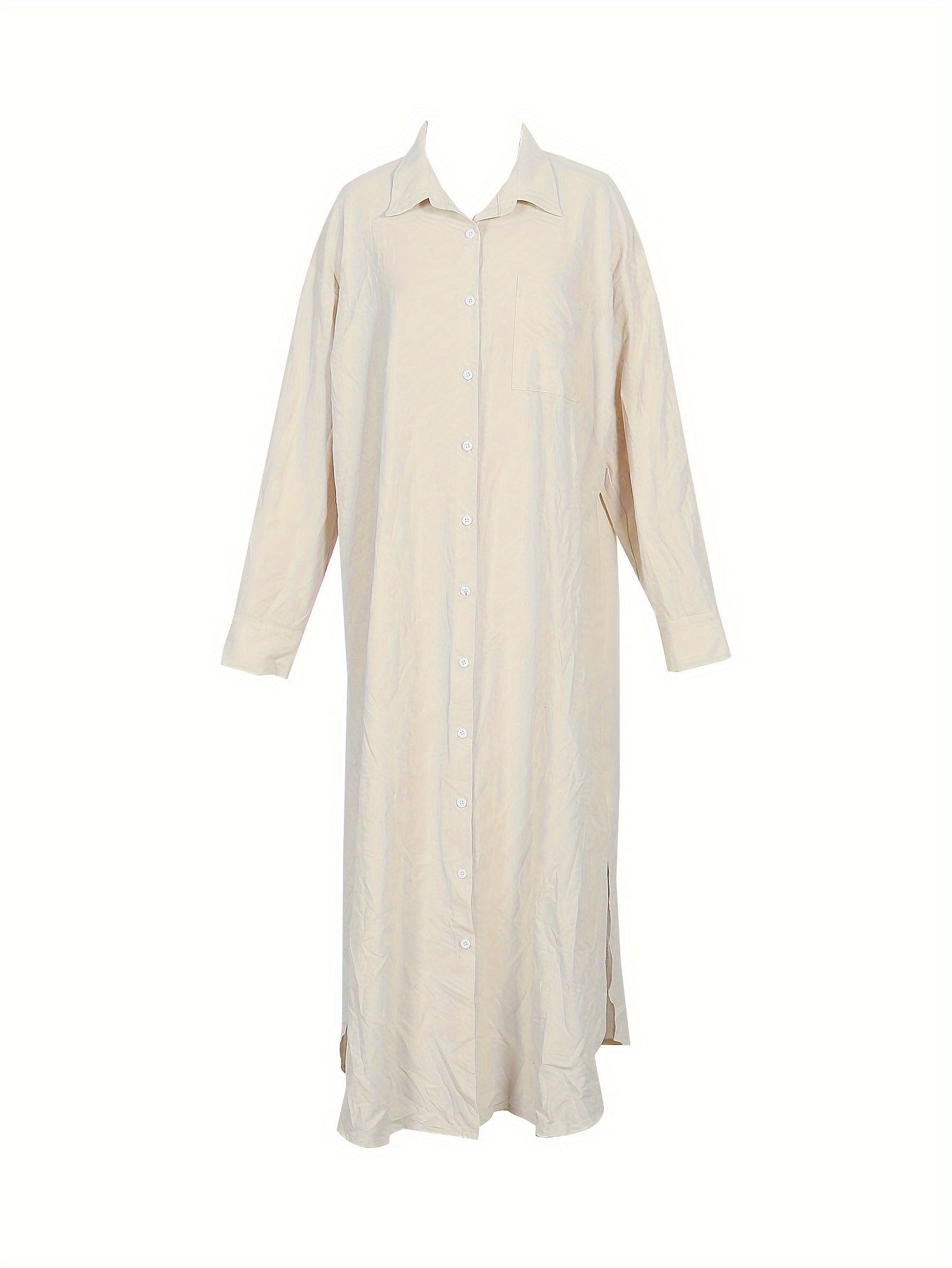  Solid Button Up Long Sleeve Maxi Shirt Dress