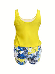  Colorblock Tankini Set Tropical Print Round Neck Swimsuit 2-Piece