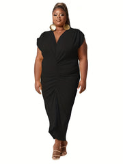  Solid Cap Sleeve V Neck Ruched Maxi Dress