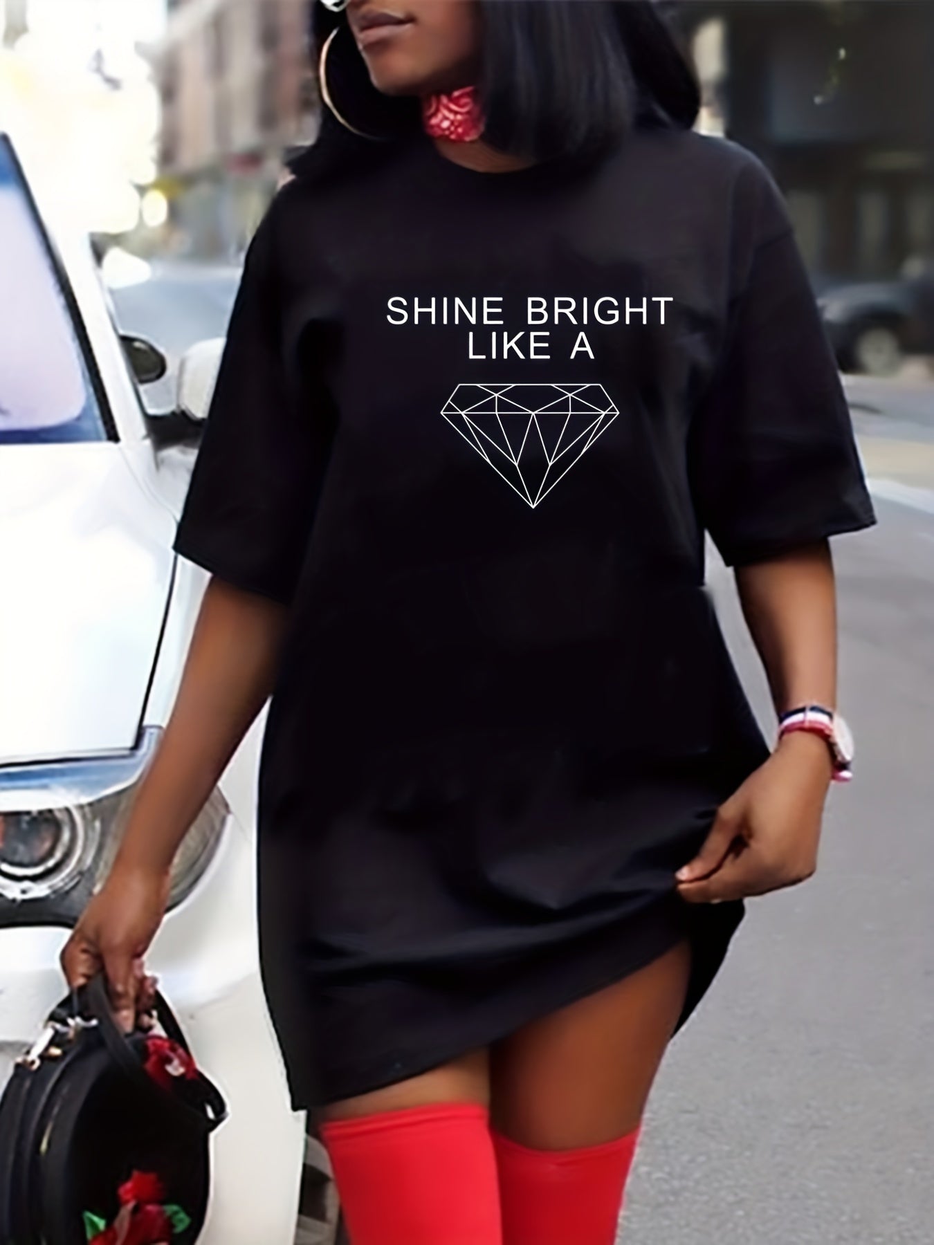 Diamond & Letter Print Round Neck Tee Dress