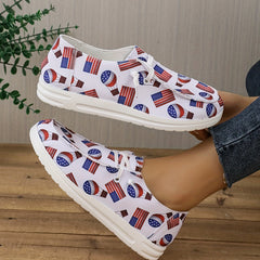 Women's Flag Pattern Flat Loafers Low Lace Up Round Toe Lightweight Shoes