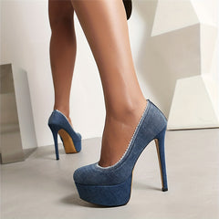 Women's Denim Platform Slip On Stiletto Heels