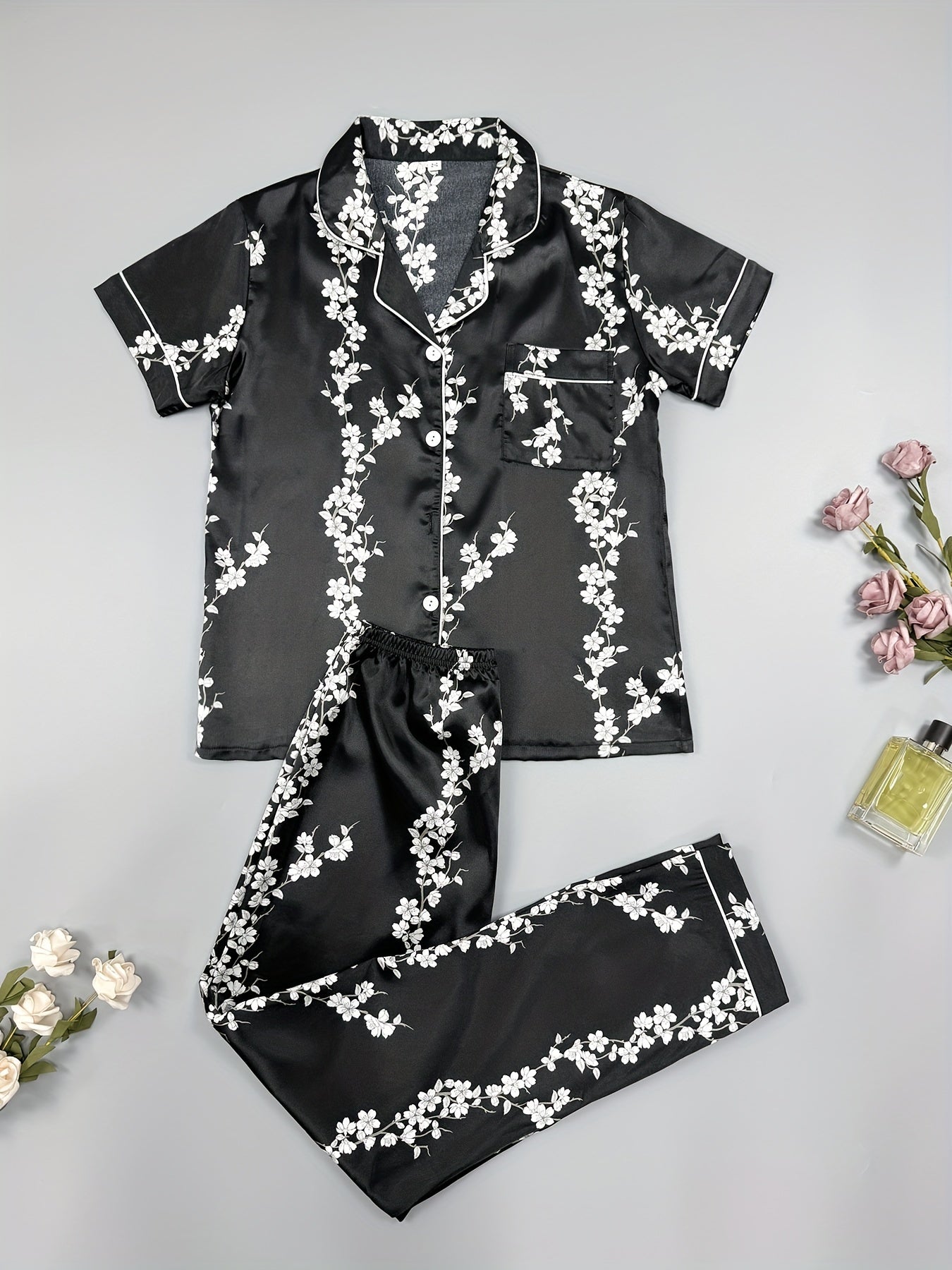 Floral Pajama Set Short Sleeve Top & Elastic Waist Pants Sleepwear