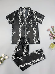 Floral Pajama Set Short Sleeve Top & Elastic Waist Pants Sleepwear