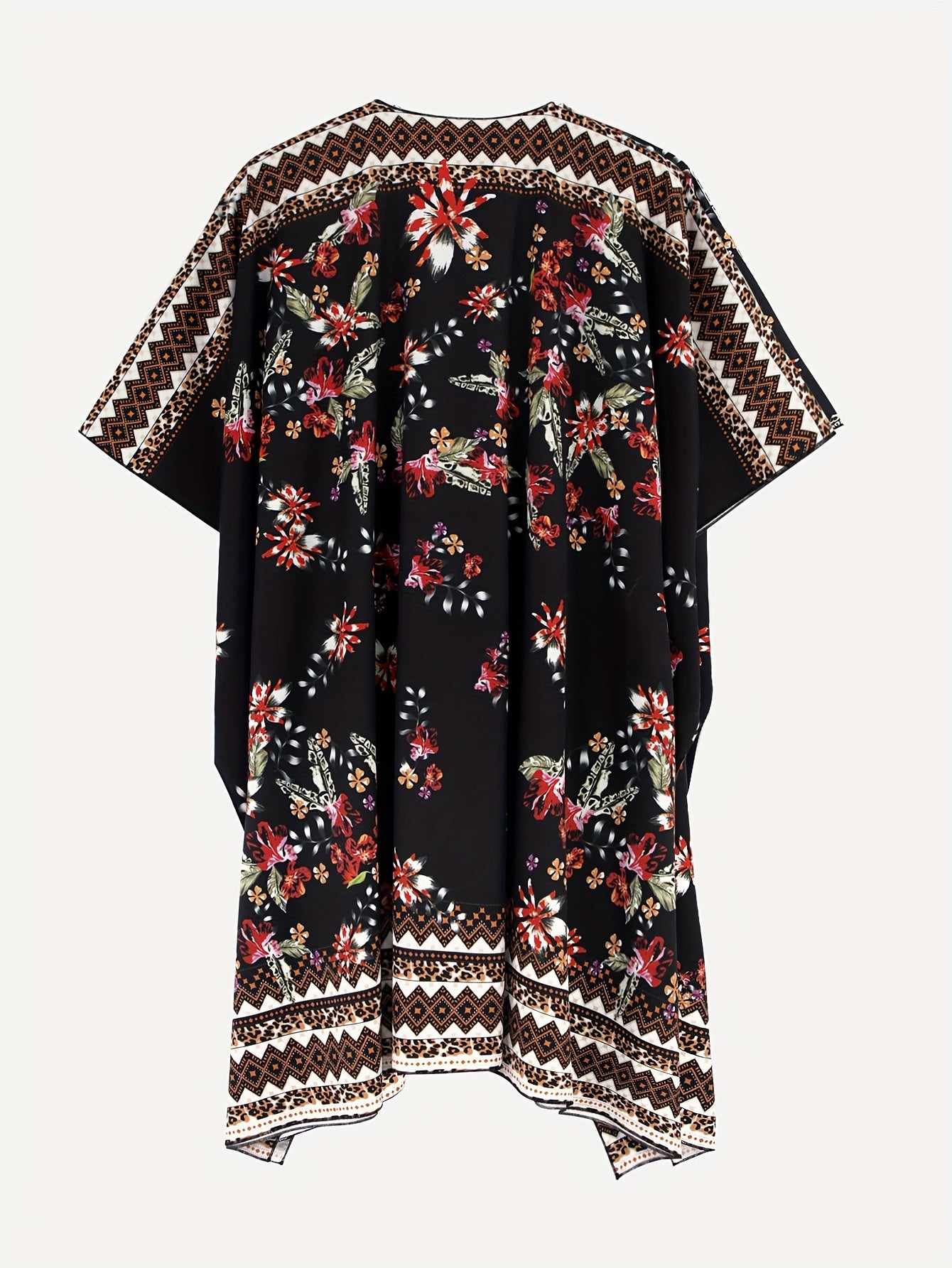  Border Floral Print Batwing Sleeve Beach Cover Up