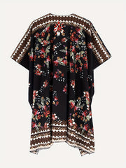  Border Floral Print Batwing Sleeve Beach Cover Up
