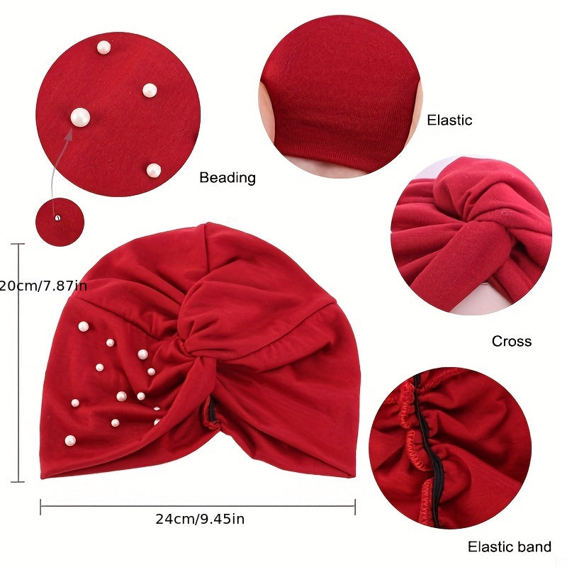 Faux Pearl Decor Turban Cap Solid Pleated Head Wrap