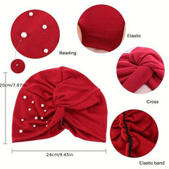 Faux Pearl Decor Turban Cap Solid Pleated Head Wrap