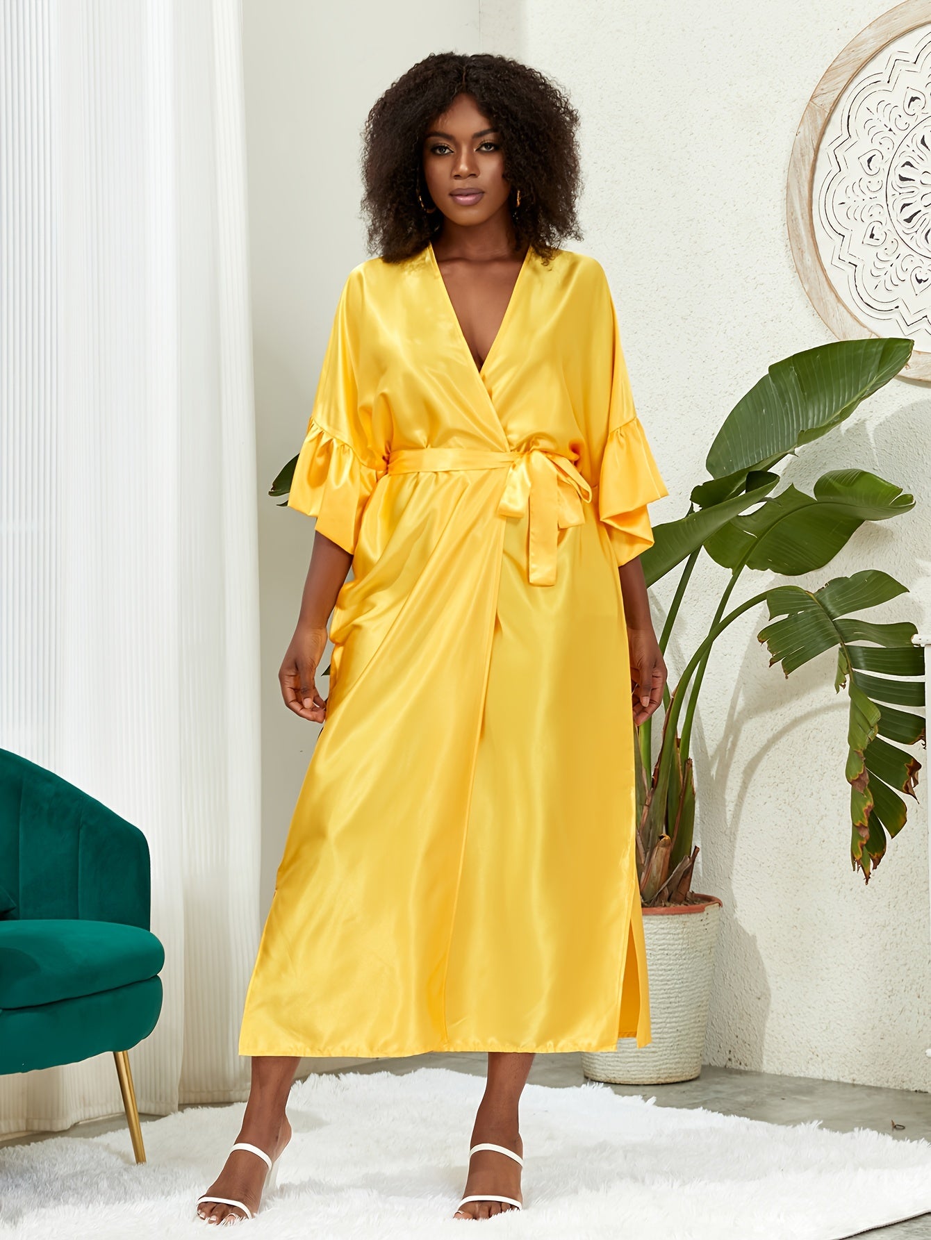  Satin Ruffle Trim Kimono Cover Up