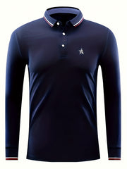 Men's Star Print Polo Shirt Long Sleeve Casual Breathable Lapel Shirt