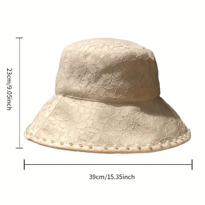 Faux Pearl Decor Bucket Hat Flower Embroidery Summer Sunshade Travel Beach Hats