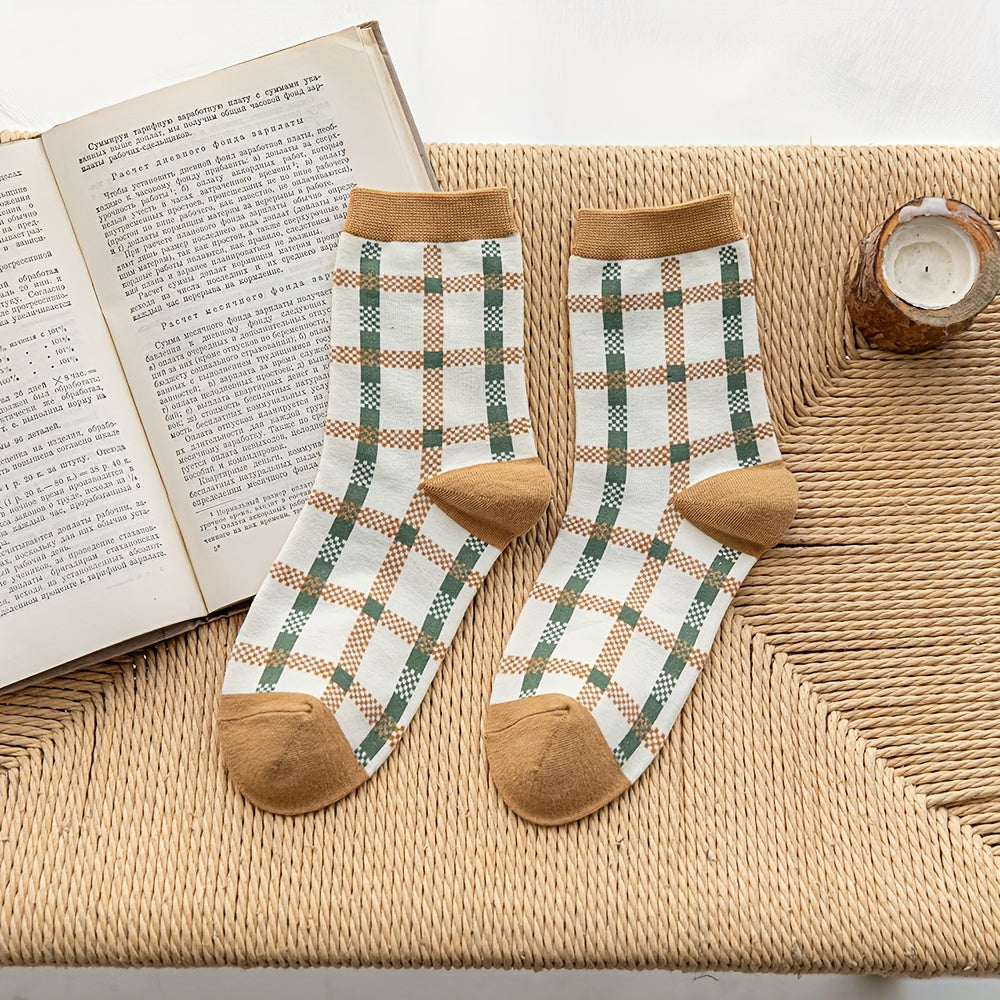 5 Pairs Retro Floral & Plaid Mid Tube Socks Women's Stockings