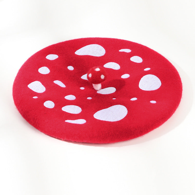 Women's Woolen Mushroom Beret Hat Embroidered Painter Hat