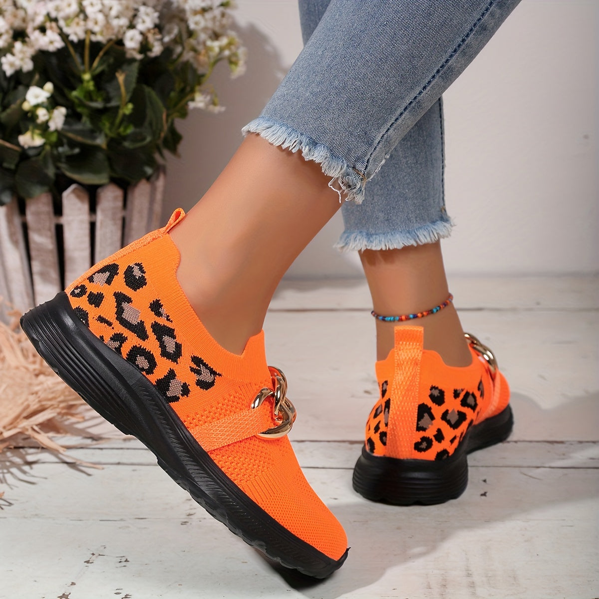 Leopard Print Low Top Sport Shoes Lightweight Walking Flats