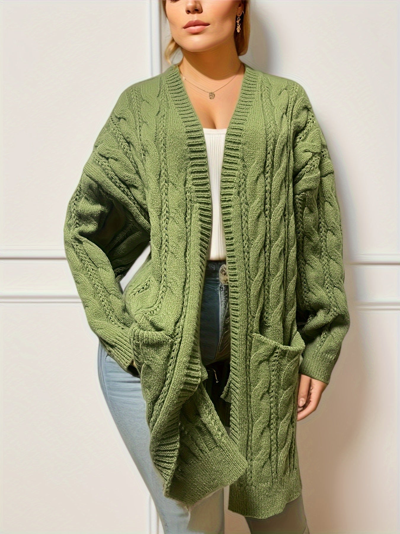  Solid Cable Long Sleeve Open Front Cardigan With Pockets