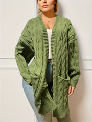  Solid Cable Long Sleeve Open Front Cardigan With Pockets