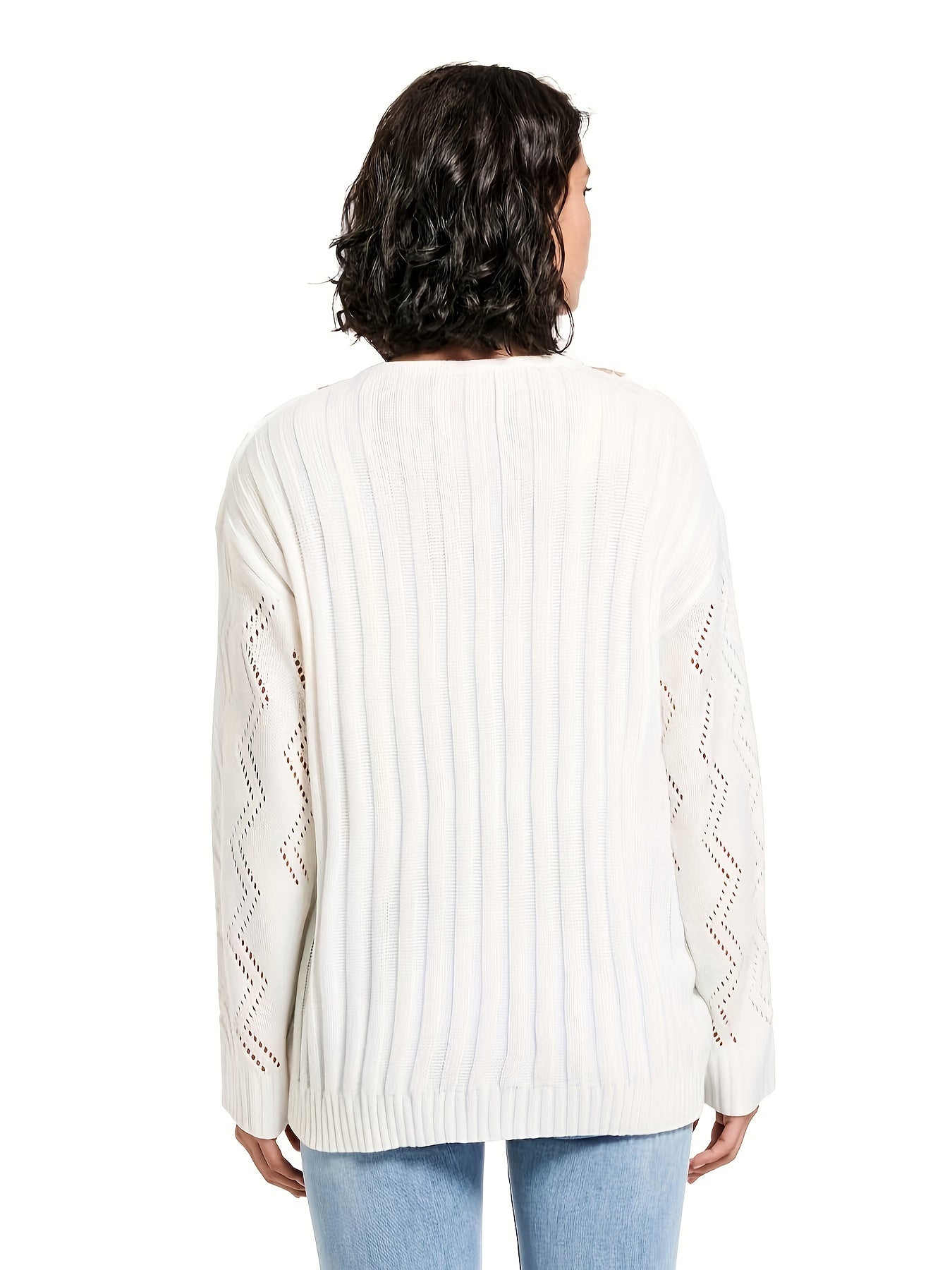  Ribbed Pointelle Applique V Neck Jumper