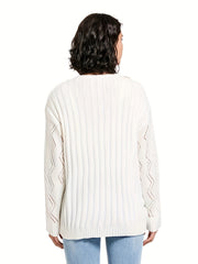  Ribbed Pointelle Applique V Neck Jumper