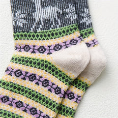 Elk Print Striped Socks Comfy & Warm Mid Tube Women's Stockings