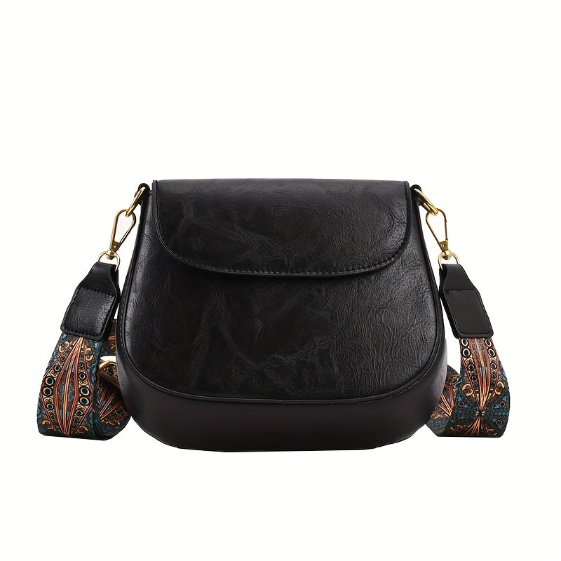 Vintage Solid Saddle Bag Minimalist Shoulder Bag Retro Pattern Strap