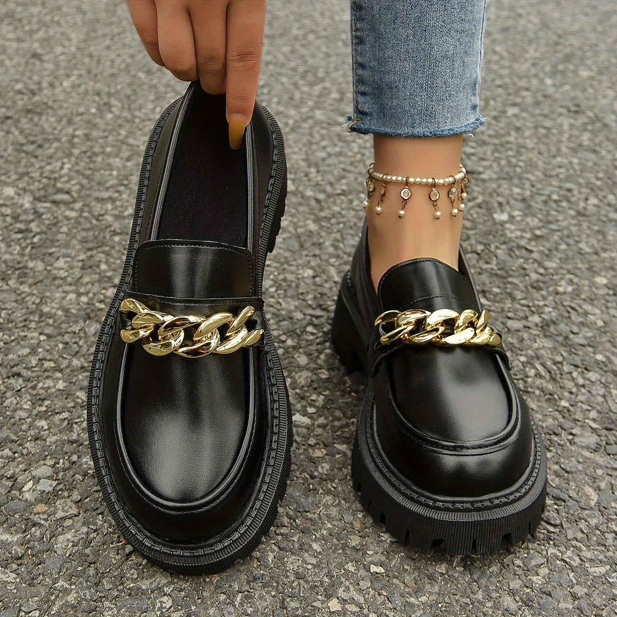 Women's Chain Decor Chunky Heel Loafers Slip On Faux Leather Shoes