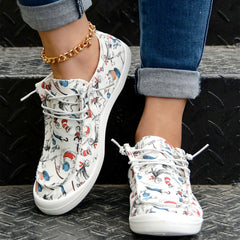 Women's Cartoon Print Canvas Loafers Lace Up Slip On Casual Low Top Shoes