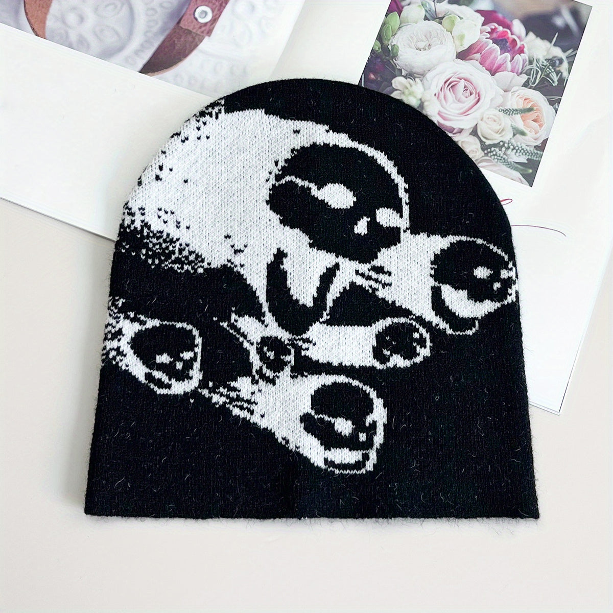 Skull Impact Jacquard Beanie Lightweight Elastic Soft Breathable Knit Hat