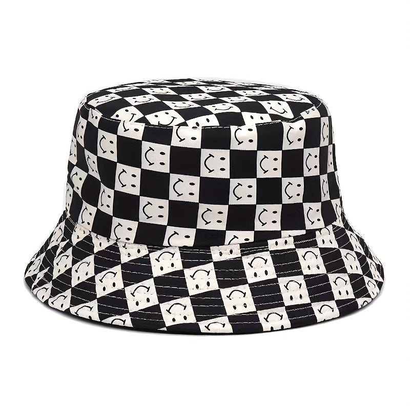 Double Sided Checkerboard Fisherman Hat Plaid Happy Fac