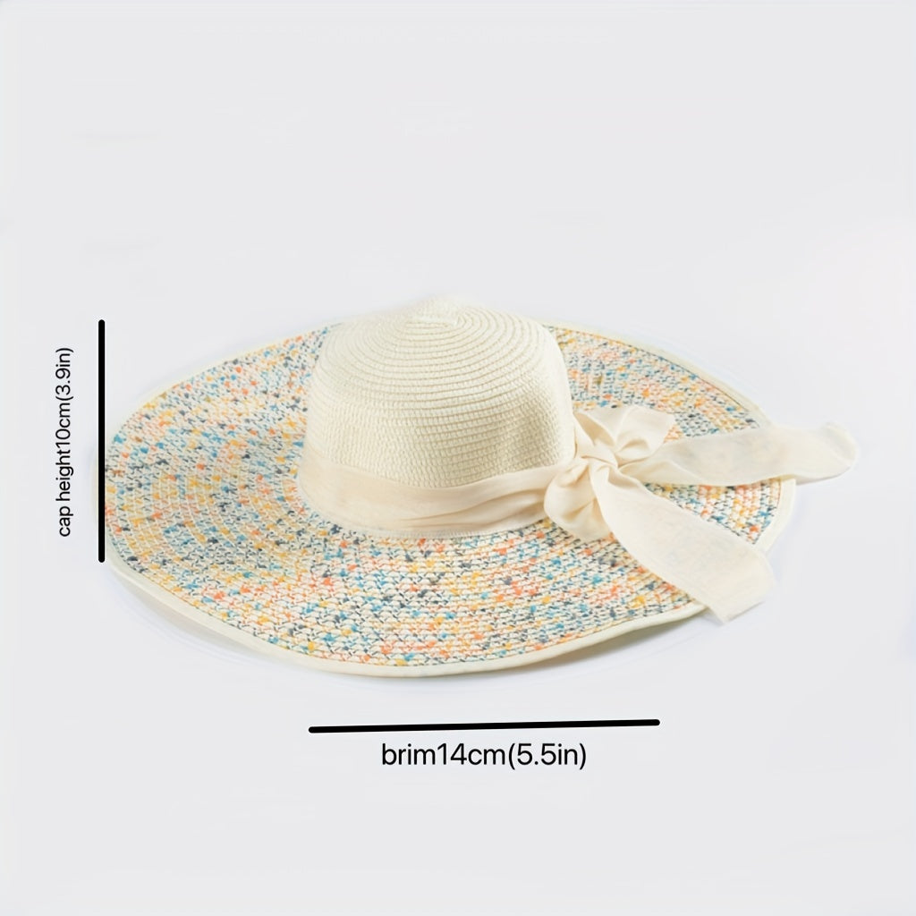 Boho Straw Sun Hat with Ribbon Bowknot for Women
