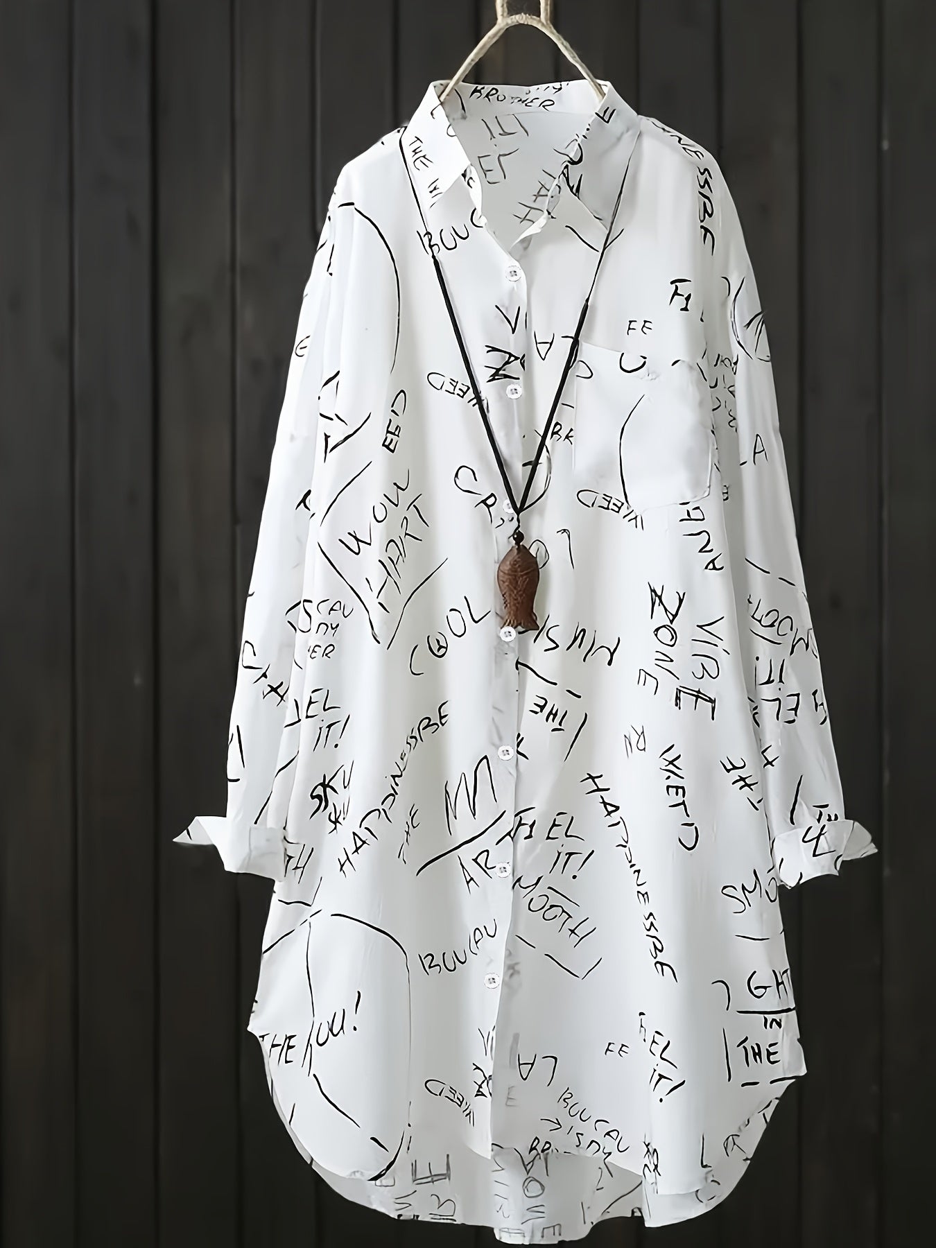  Letter Print Button Up Long Sleeve Blouse