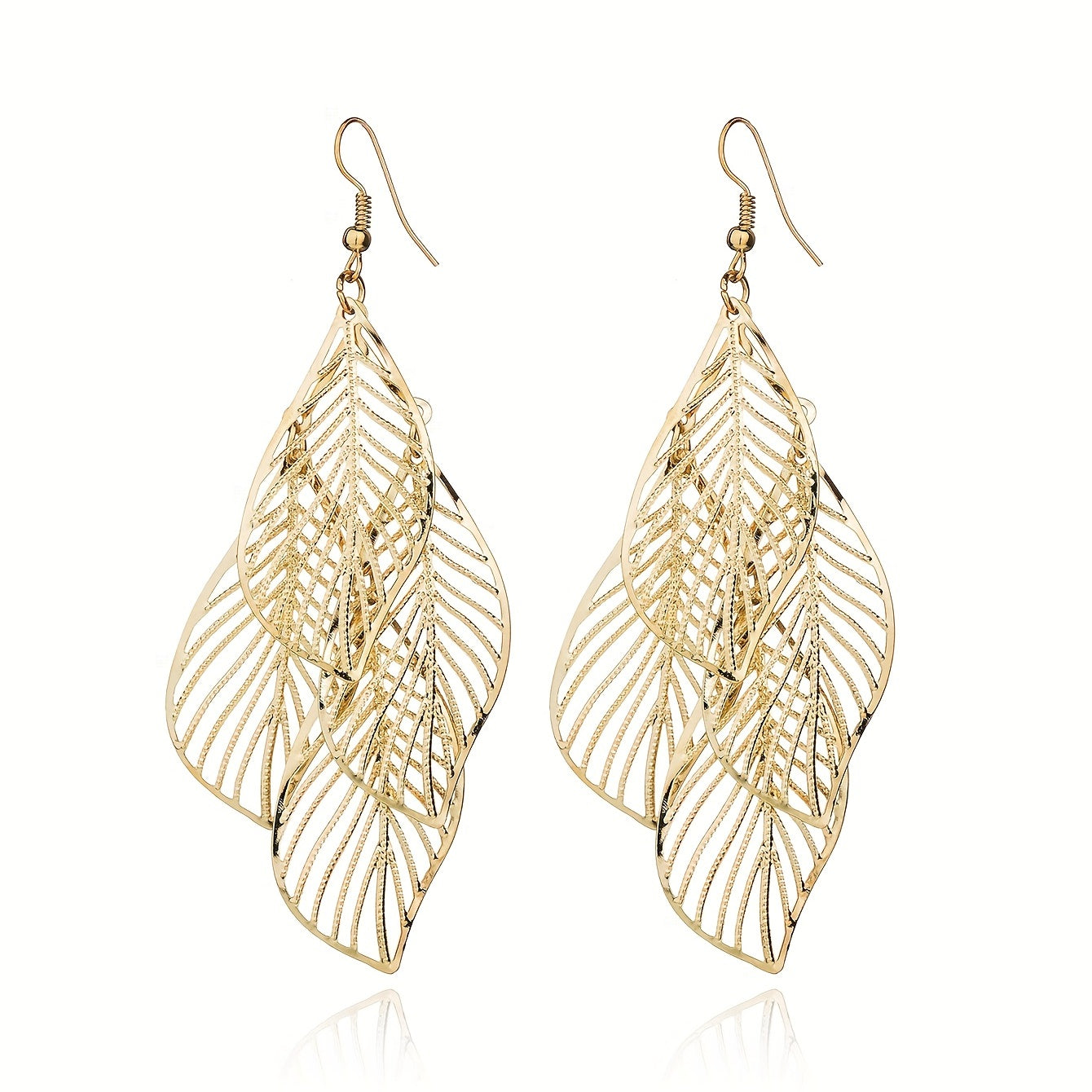 Hollow Leaf Pendant Golden Dangle Earrings Retro Boho Style