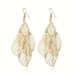 Hollow Leaf Pendant Golden Dangle Earrings Retro Boho Style