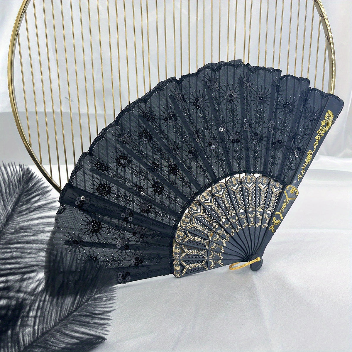 Men's Folding Hand Fan with Peacock Tail Sequin for Stage Prom