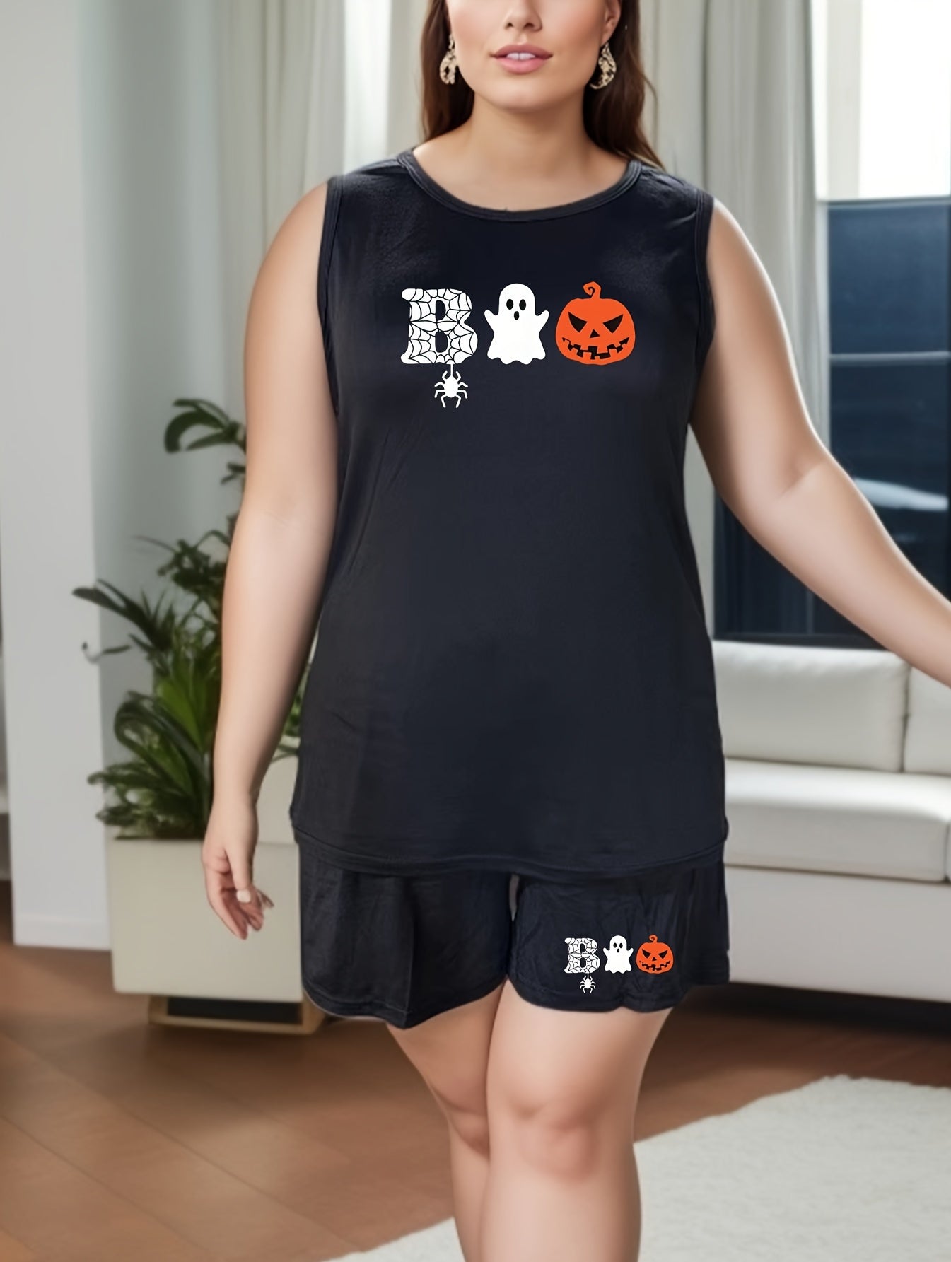  Halloween Loungewear Set Ghost & Pumpkin Print Tank Top & Shorts Pajam