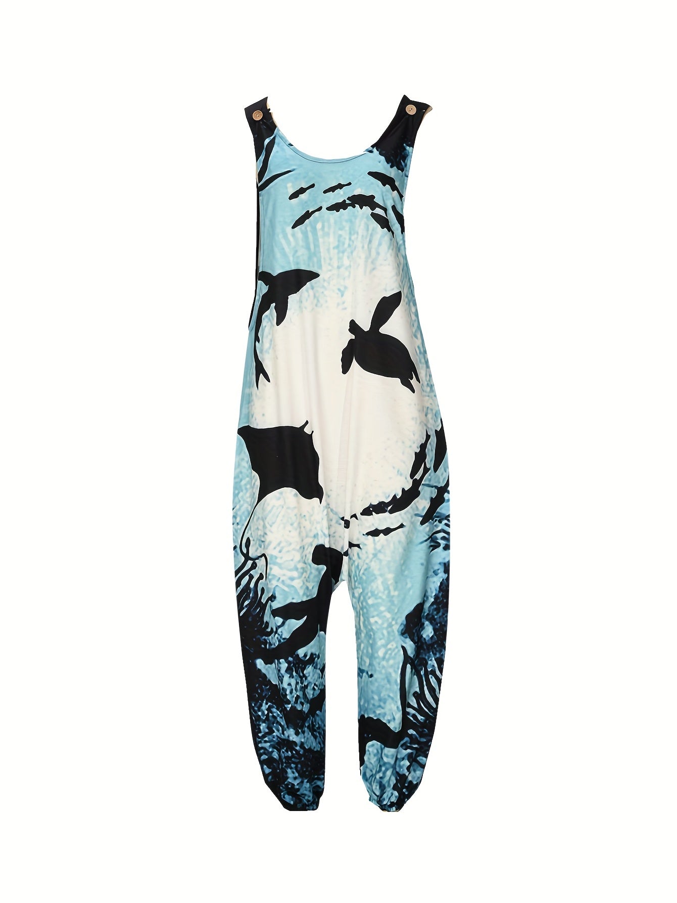  Ocean Fish Print Round Neck Wide Leg Jumpsuit