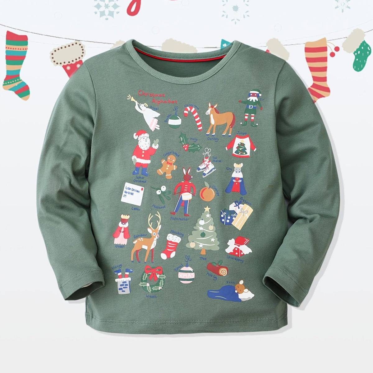 Christmas Print Boys T-shirt Long Sleeve Crew Neck Holiday Clothes