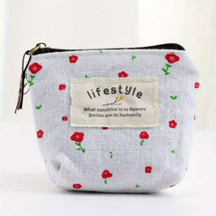 Flower Pattern Coin Purse Canvas Zipper Pouch Clutch