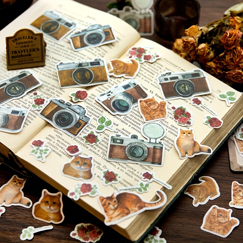 40pcs Vintage Plant & Flower Cat Stickers for DIY Crafts