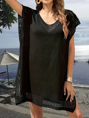  Knitted Bat Sleeve V Neck Split Cover Up Dress
