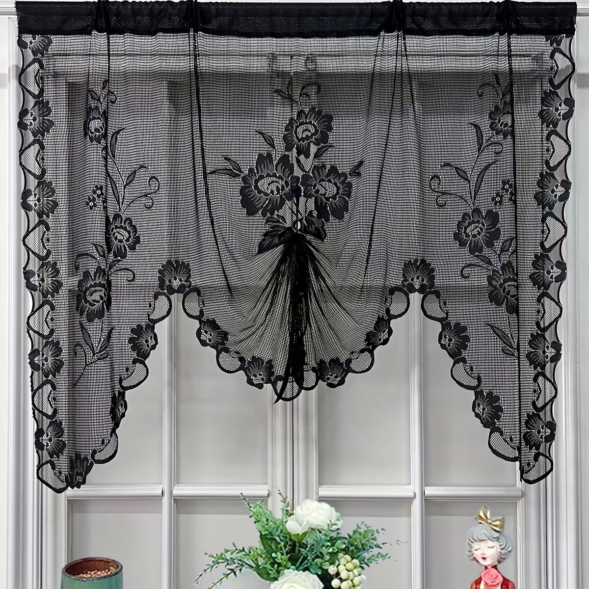 Floral Wavy Short Kitchen Curtains Adjustable Height Straps Ties Cafe
