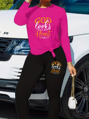 Women's Plus Slogan Print Top & Leggings Set