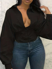  Solid Button Up Long Sleeve Blouse
