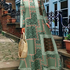 Plus Size Patchwork Print Long Sleeve Maxi Dress With Pockets