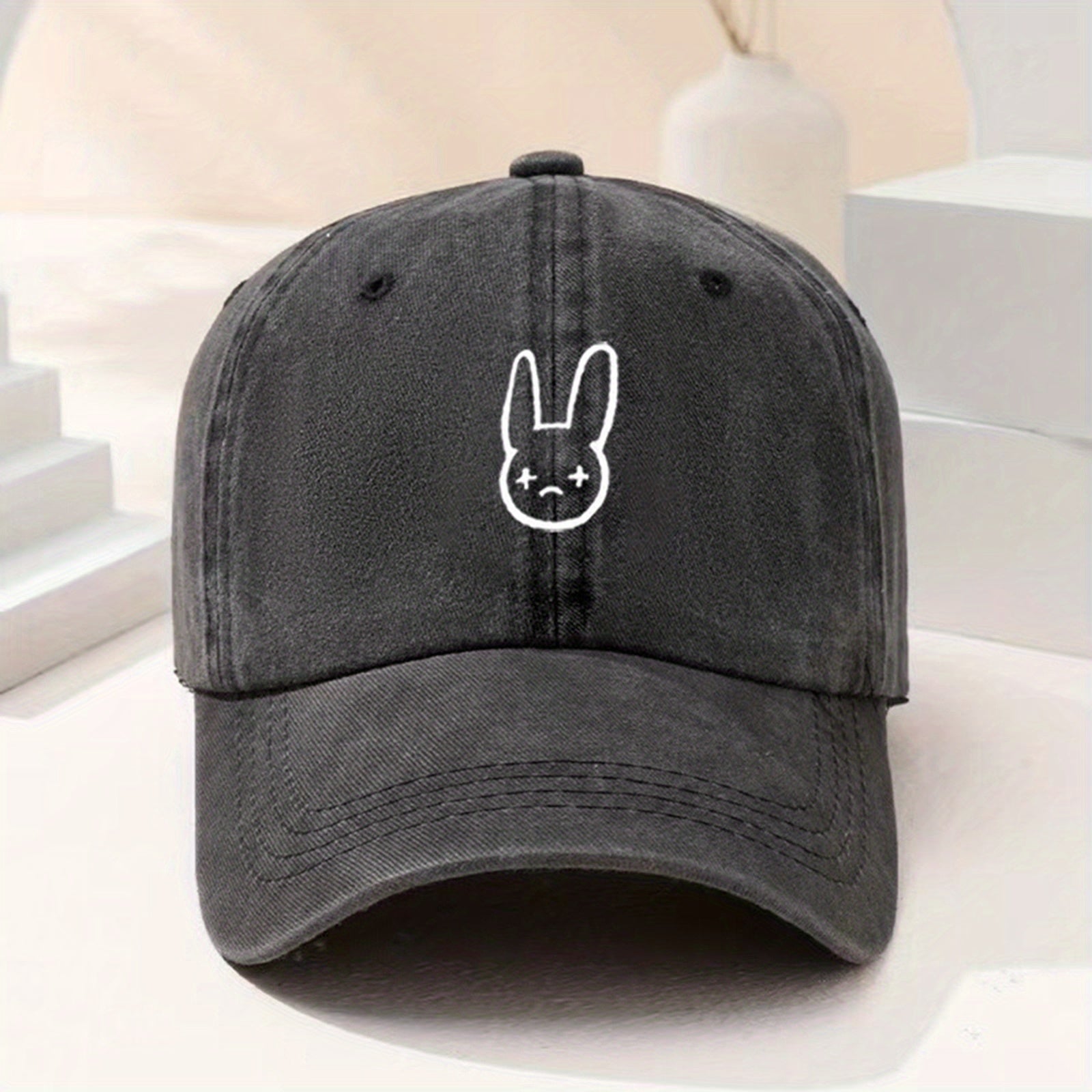 Cartoon Rabbit Print Baseball Cap Washed Distressed Bunny Dad Hats