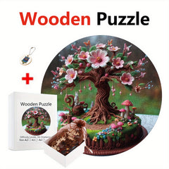 Plywood Puzzle 500 Pieces Vibrant Peach Tree with Mushrooms & Flowers