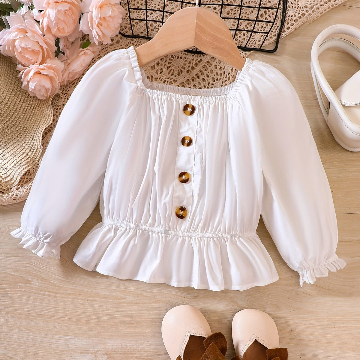 Ruffle Cuffs Button Square Neck Puff Sleeve Shirt
