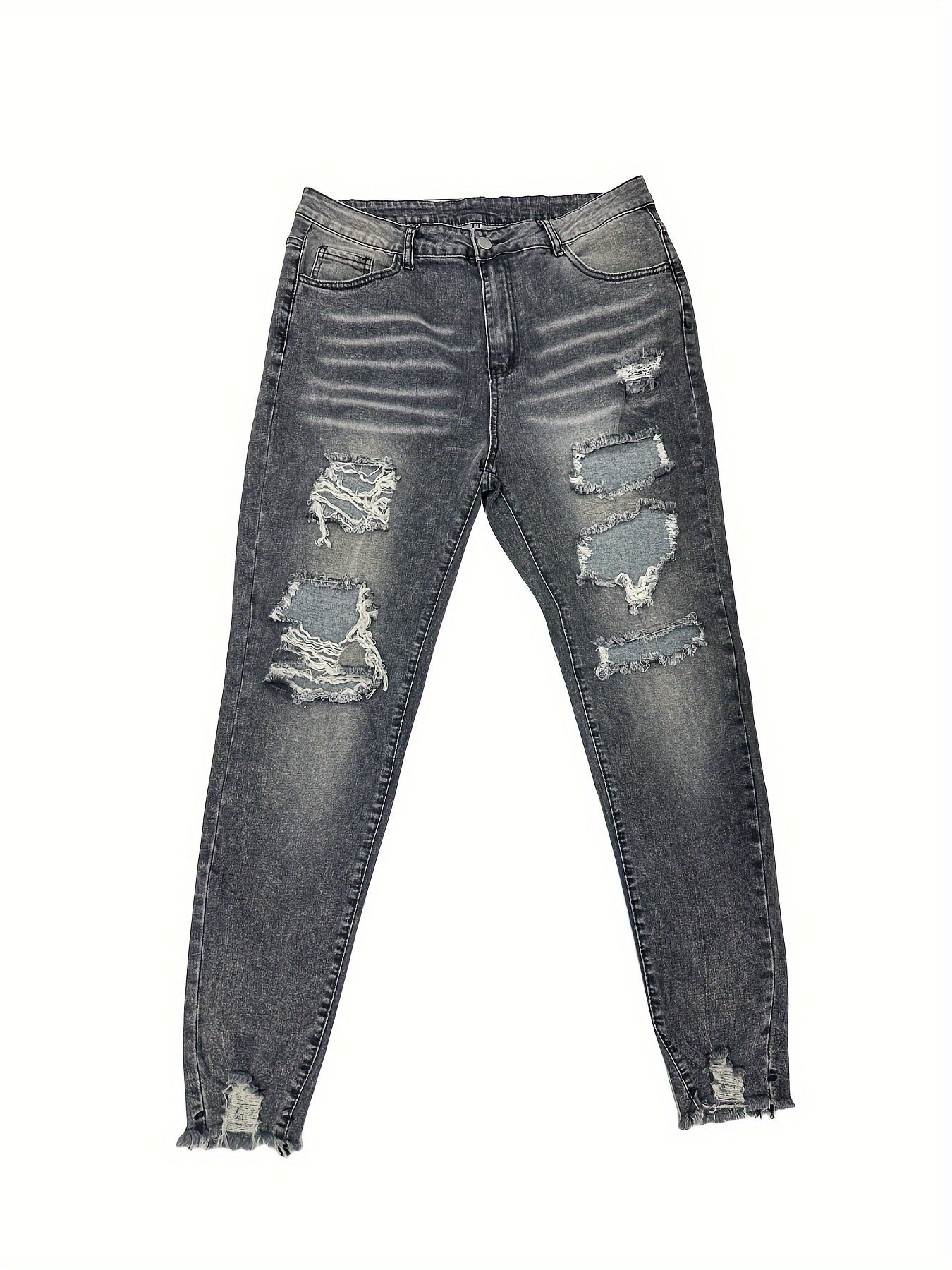  High Rise Skinny Jeans, Distressed Ripped, Button Fly